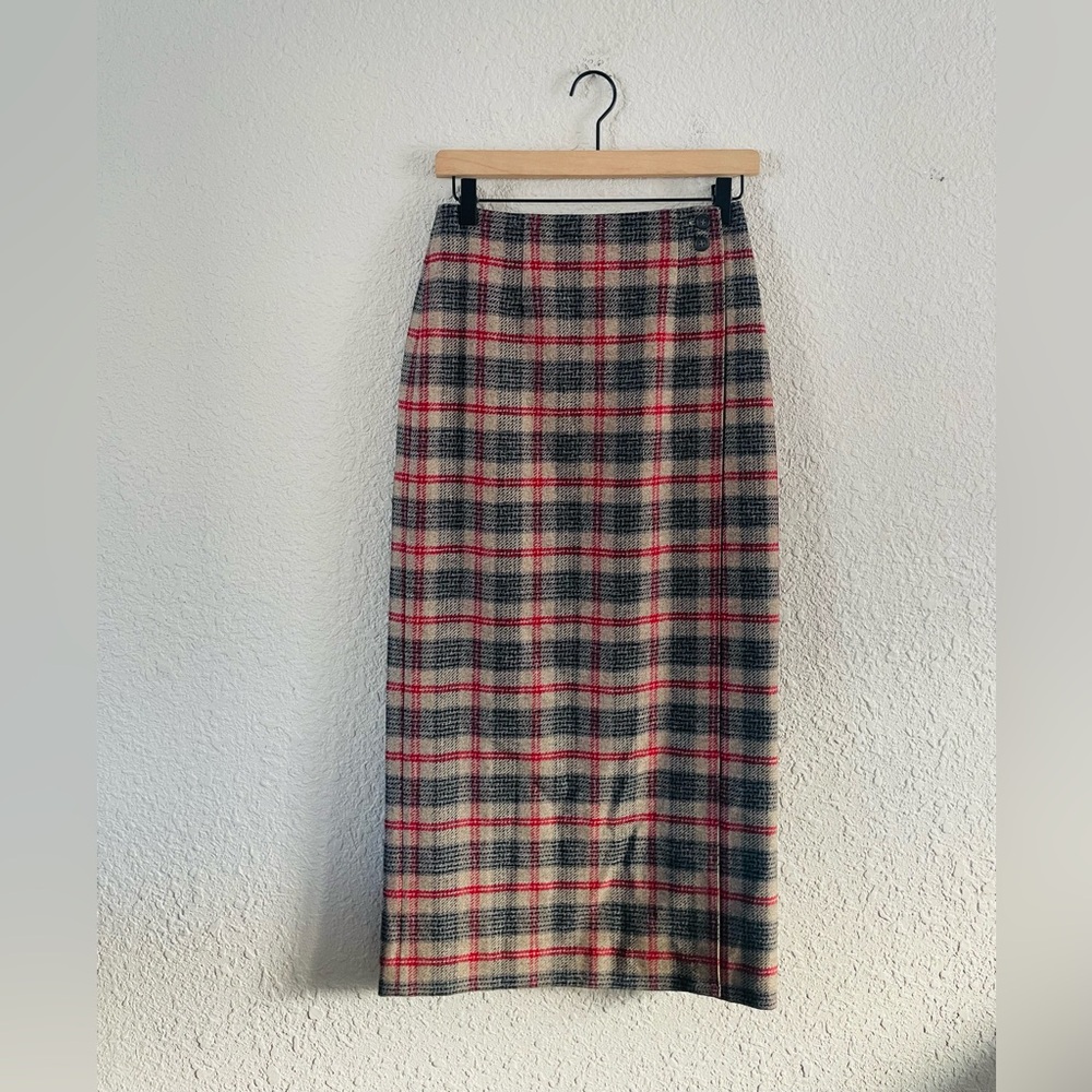 Vintage Talbots Wool Plaid Wrap Front Midi Skirt